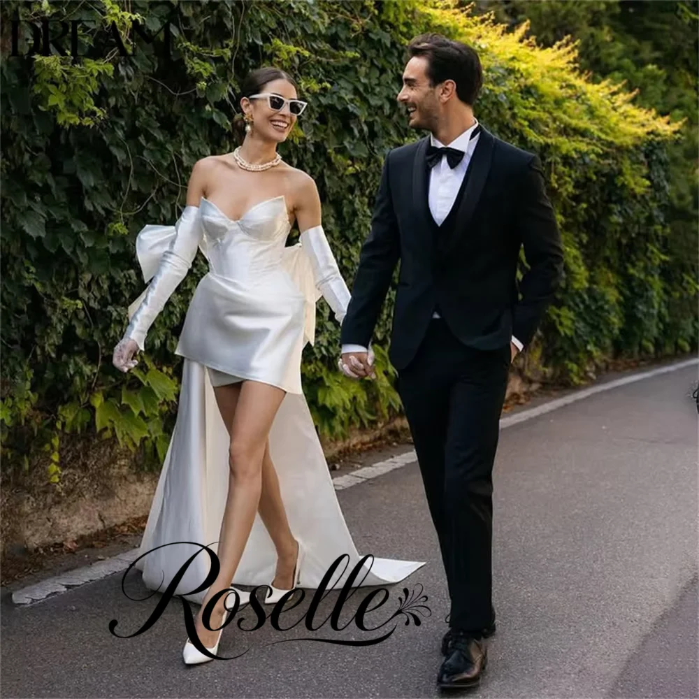 Sexy Short Wedding Dress Women 2026 Bows Long Sleeves Open Back Satin Pleat Above-Knee Bridal Gown Vestidos De Novia Customized