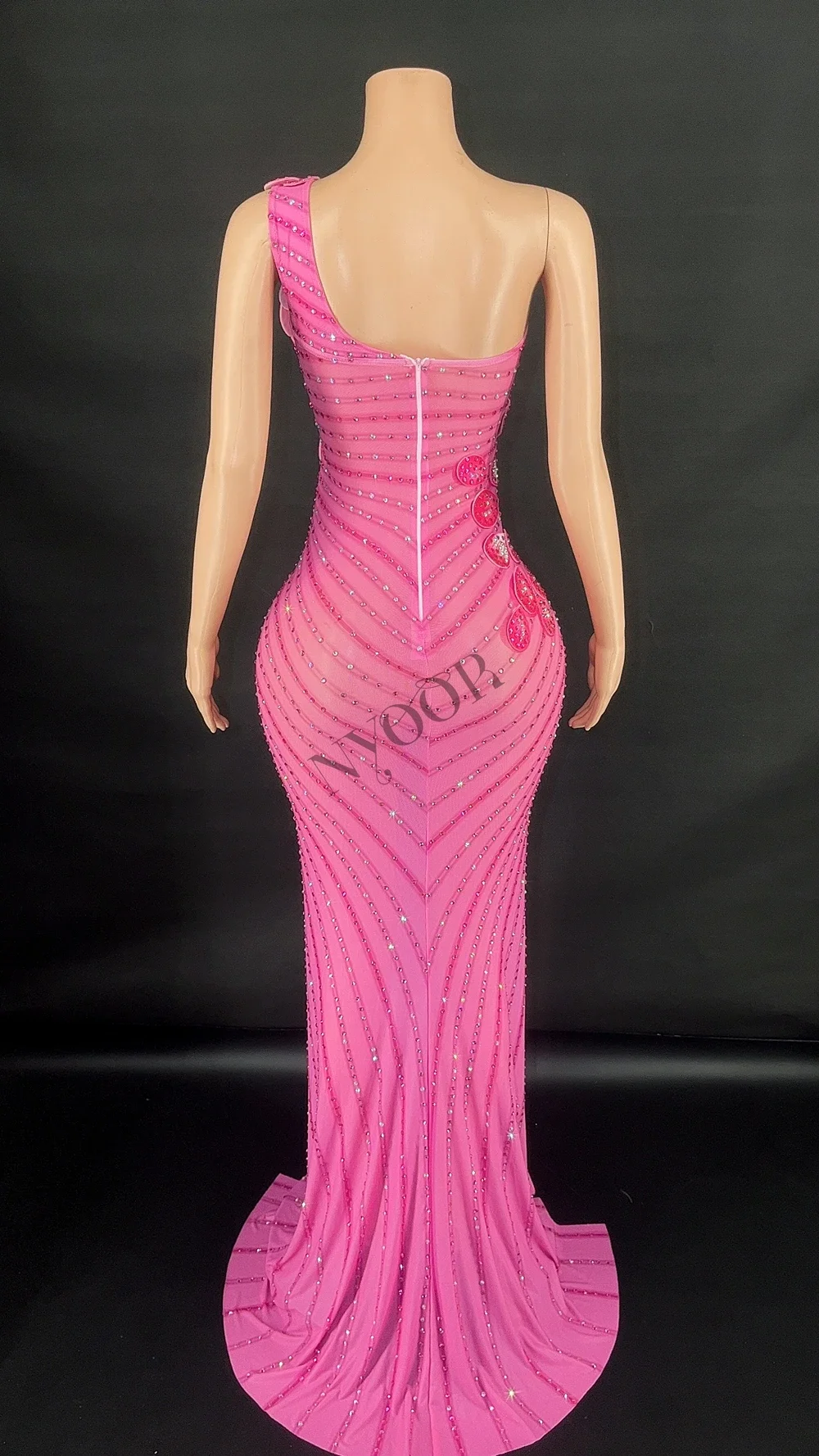 섹시한 웨딩, 이브닝 파티, 생일 드레스, 사진 촬영용 반짝이는 라인스톤과 꽃잎 장식의 롱 드레스 (여성용)