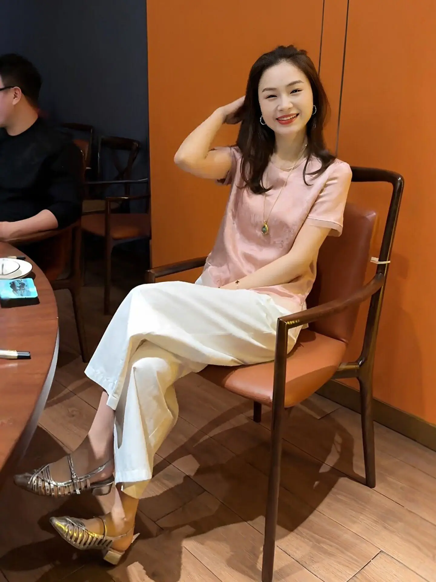 

Elegant Casual Sportswear Set Women Summer Fashion Short Sleeve White High Waist Wide Leg Nine Points Two Pieces Set