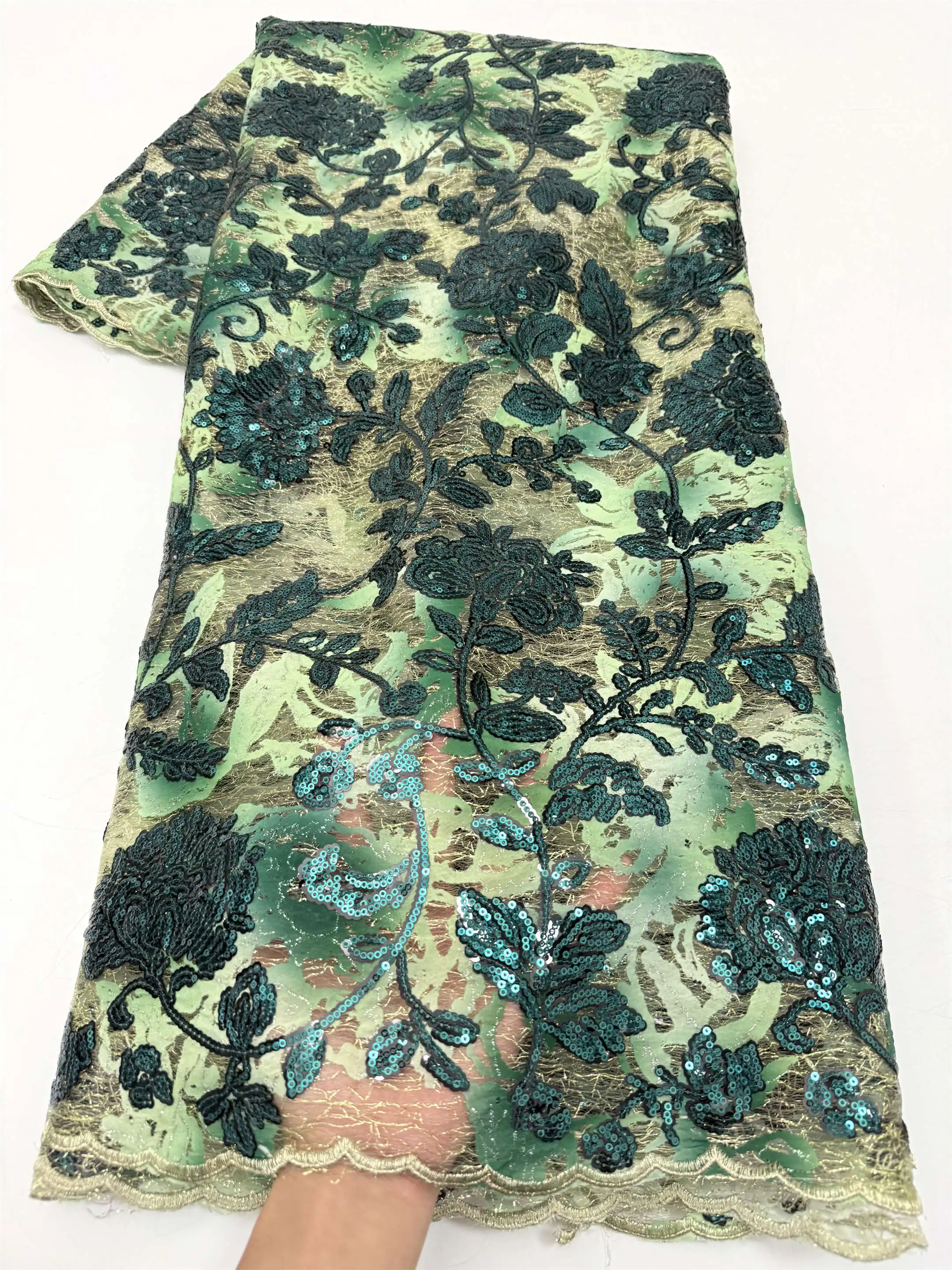 Green Mesh Tulle Lace Sequins Fabric 2026 High Quality Embroidery African Lace Fabric French Net Lace Material For Party Dress