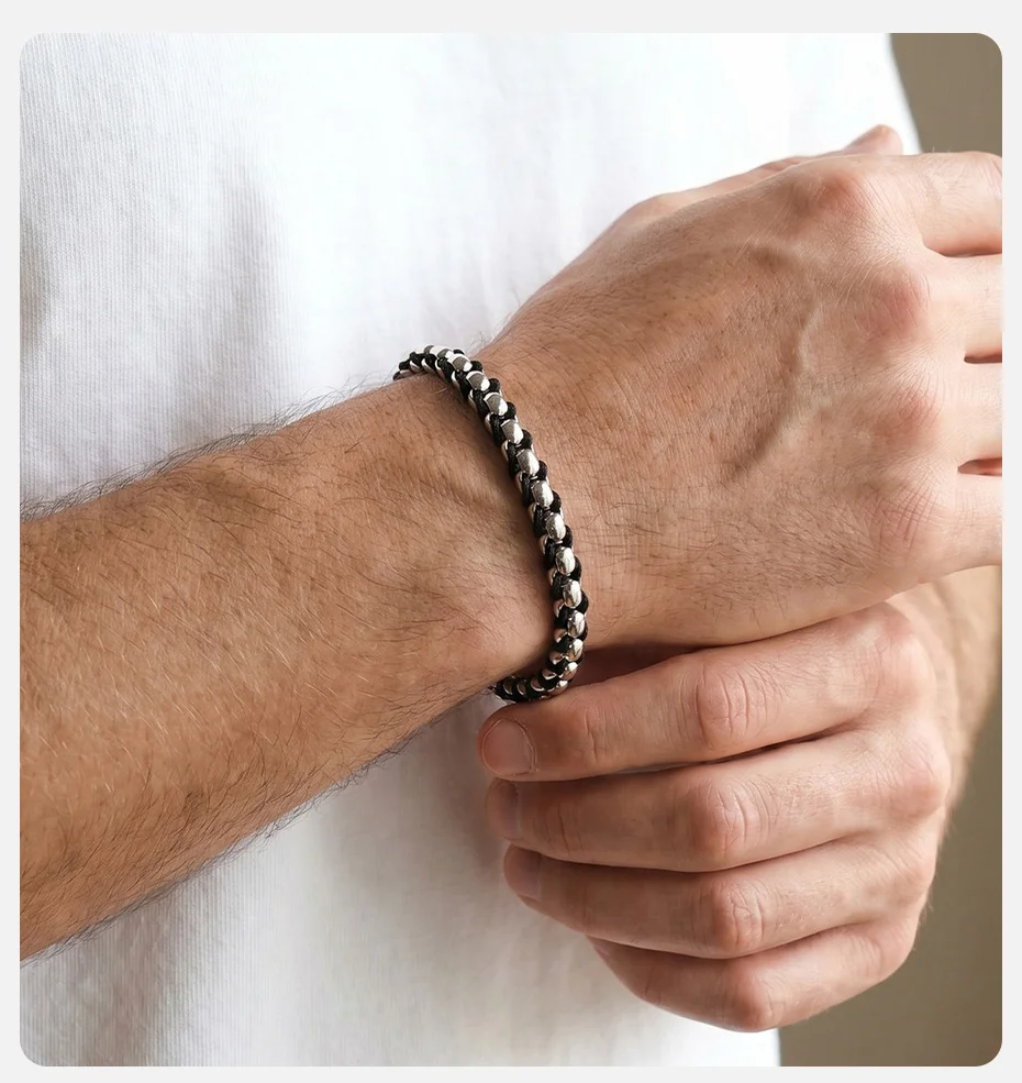 Vnox Edelstahl-Kastenkette Geflochtenes Schwarzes Seil-Armband, Verstellbares Gliederarmband Punk Hip-Hop Schmuck Geschenk für Männer – Detail 2