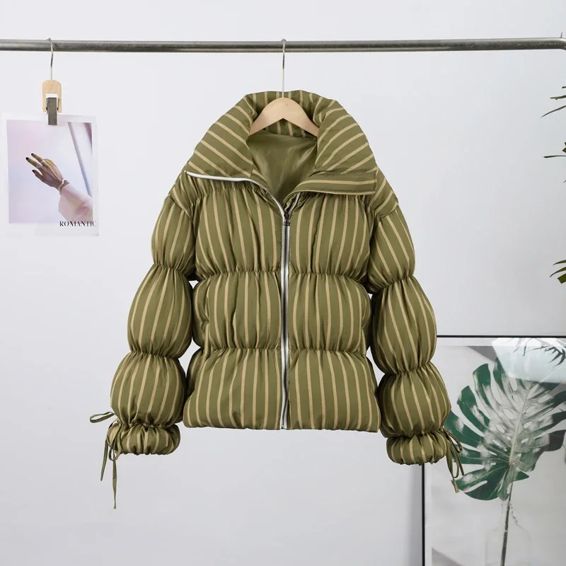 2025 nova senhora quente outwearloose listrado algodão acolchoado casaco feminino inverno zíper lanterna manga rendas turn down collar jaqueta