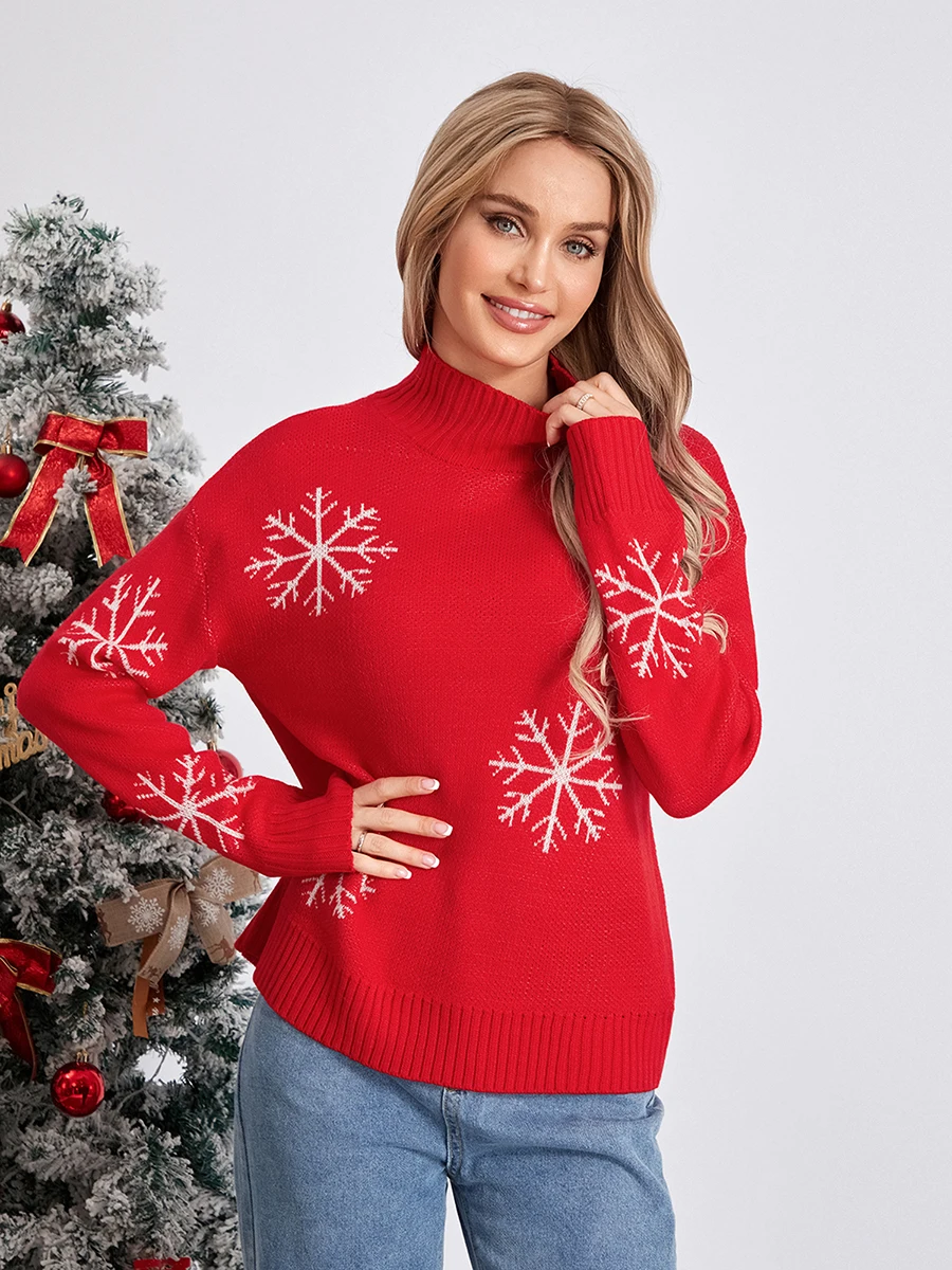 wsevypo Snowflake Jacquard Christmas Sweaters Women\'s Long Sleeve Turtleneck Knit Pullovers Fall Winter Loose Jumpers Tops