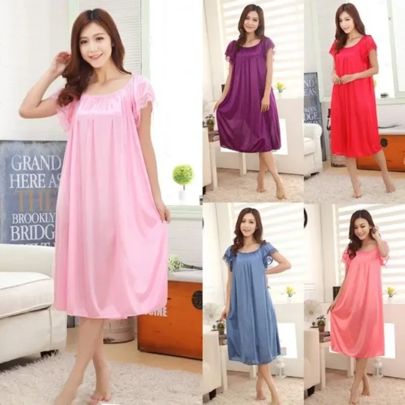 

Women Solid Color Silk Nightdress Soft Comfortable Satin Lace Sleepwear Nightgown