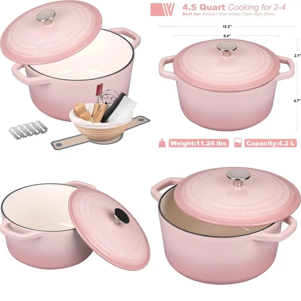 

Round Enamel Cast Iron Dutch Oven Pot with Lid for Bread Baking, Perfect for Sourdough, Includes Baking Supplies Set, 4.5 Quarts