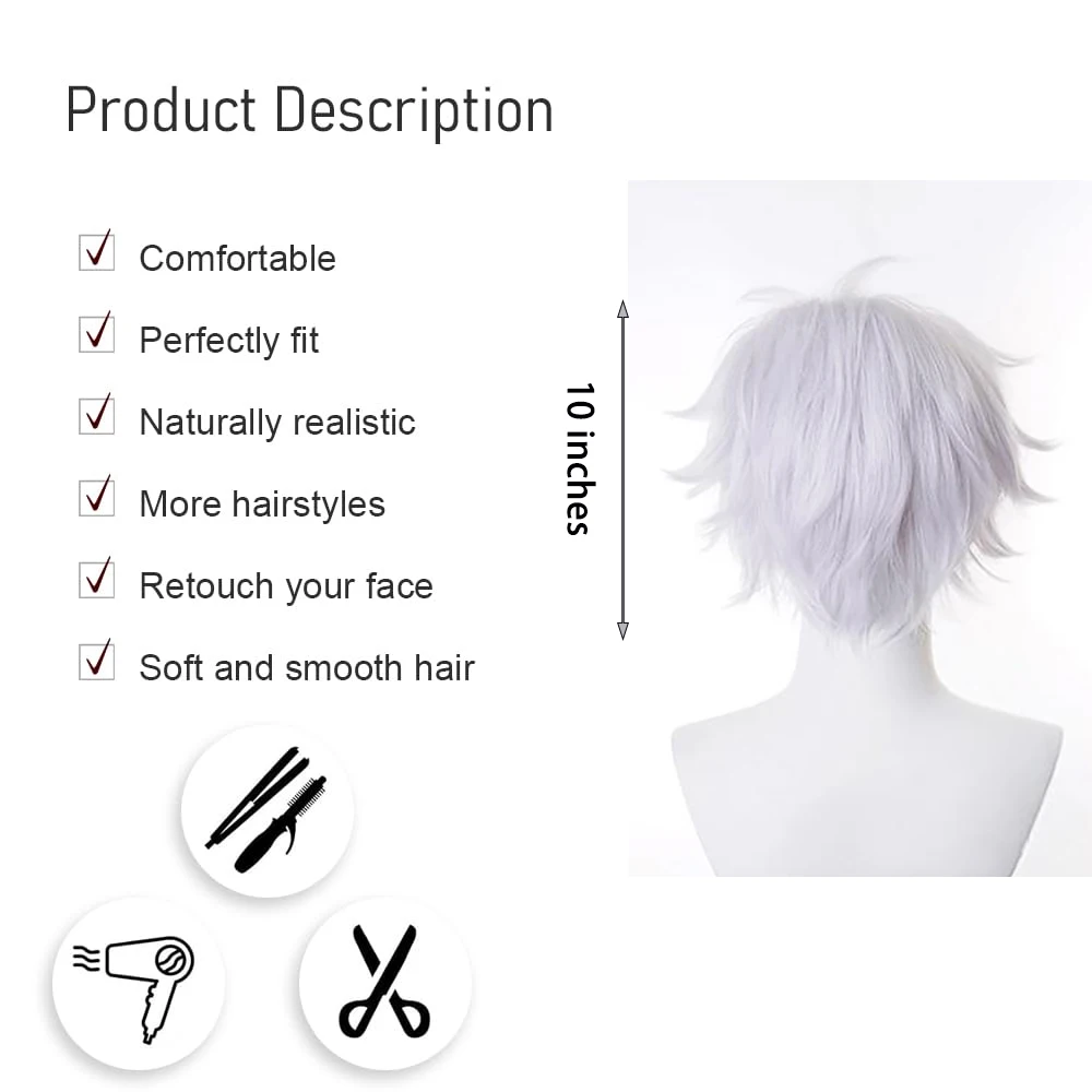 Anime Jujutsu Kaisen: Gojo Satoru Cosplay Capelli sintetici 10 pollici Unisegate Capelli corti Parrucca per prestazioni quotidiane di feste di Halloween