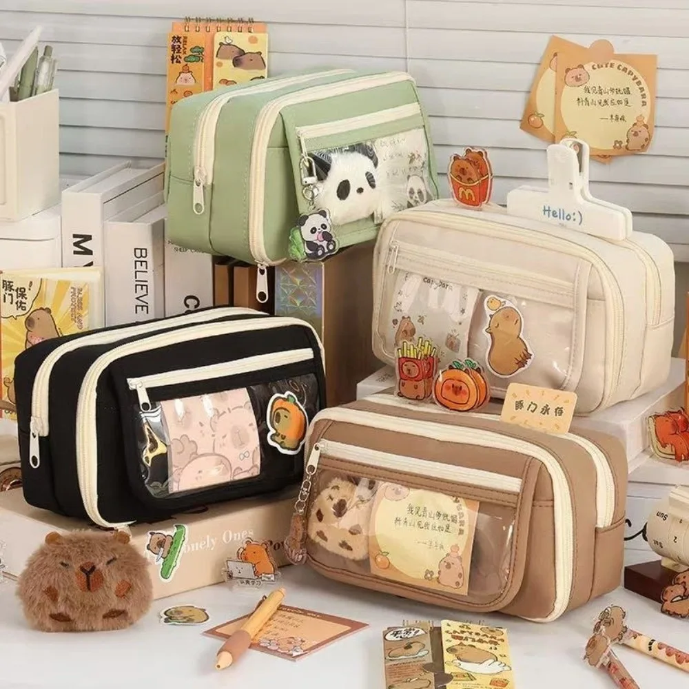 7Pcs Spacious Compartment Capybara Pencil Case Large Capacity Zipper Closure Canvas Pencil Case Nine Layers Stickers