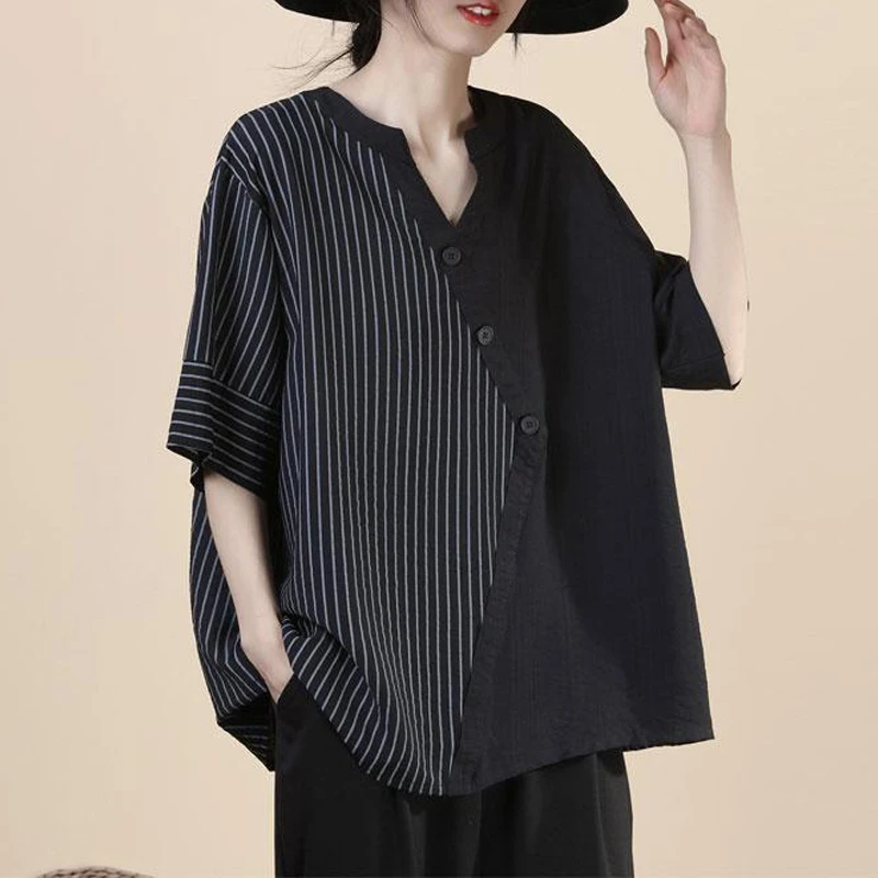 Women Striped Patchwork Streetwear Oversized Asymmetrical Shirts Summer Trendy V Neck Short Sleeve Blouse Casual Linen Tops Ropa