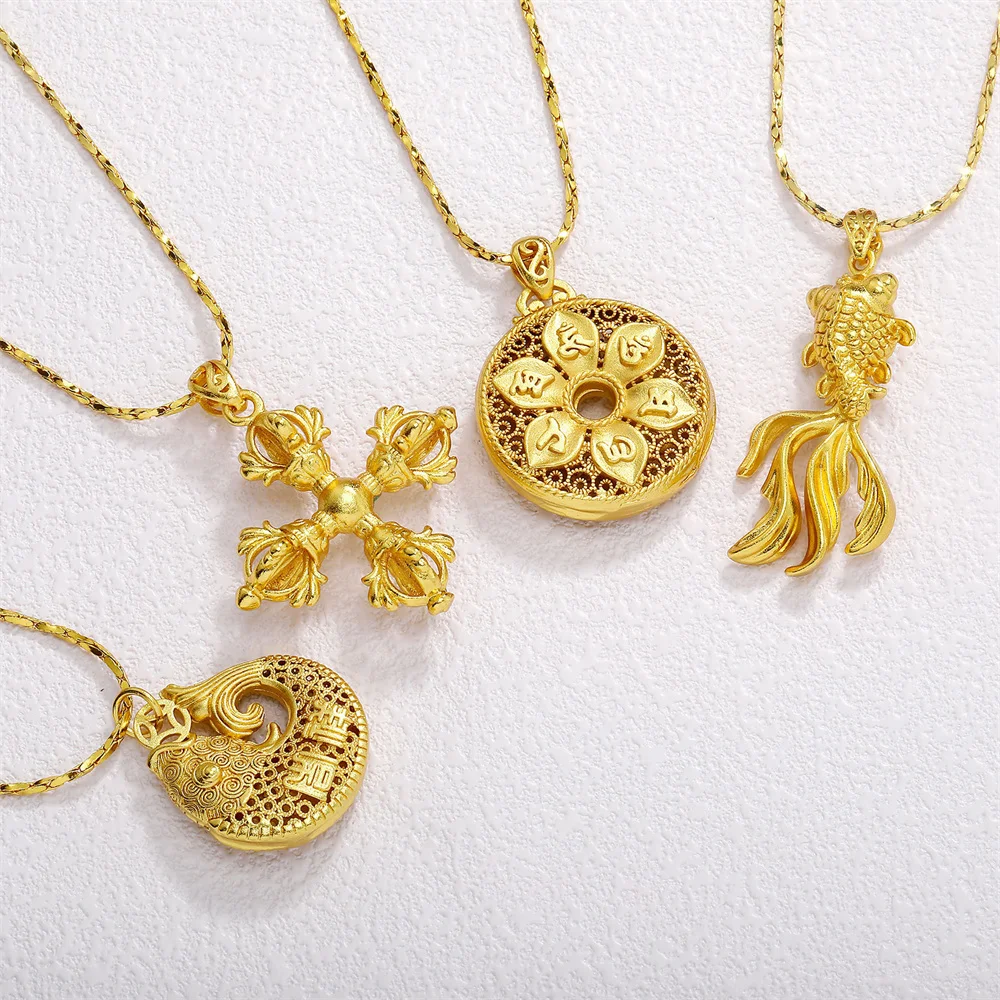 

Мужской полый кулон мира в этническом стиле, ретро, шестилистный цветок, женское изысканное ожерелье с песочно-золотой рыбой, ювелирные изделия