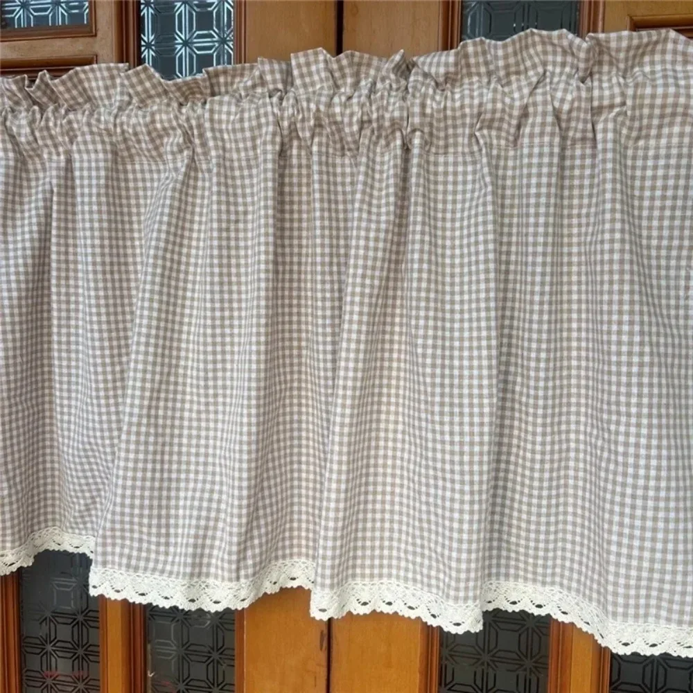 Korean Cotton and Linen Khaki Plaid Short Curtains for Kitchen Japanese Lattice Half Curtain Living Room Coffee