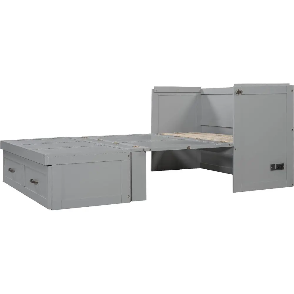 Full Size Murphy Bed Wall Bed, Chest Cube Cabinet Bed with USB Charging Station and Large Storage for Home Office - Gray view 5