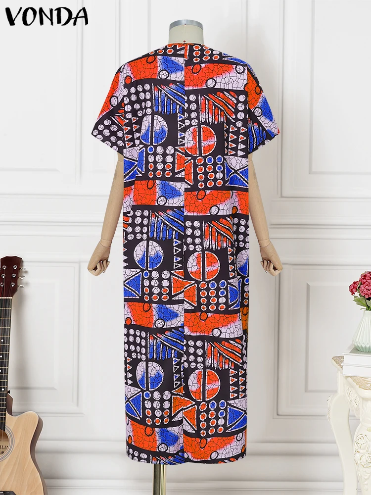 Plus Size Women Dress 2025 VONDA Oversized Short Sleeve Summer Sundress Print Party Vestidos Bohemian V-Neck Loose Robe 5XL