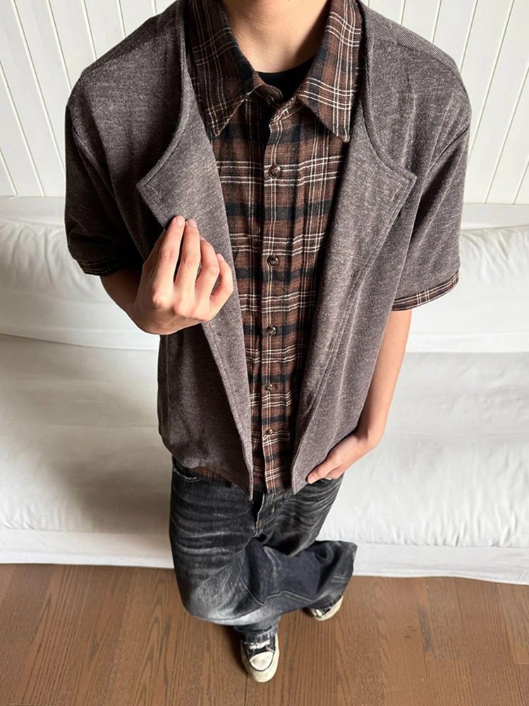 

Мужская летняя верхняя одежда в стиле Old Money с эффектом двухслойности, коротким рукавом, воротником и пэчворк-дизайном в американском стиле