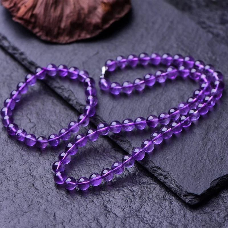 8MM Natural Amethyst Necklace And Bracelet Handmade Crystal Quartz Jewelry Stretch Bangle Children Birthday Gift 1set