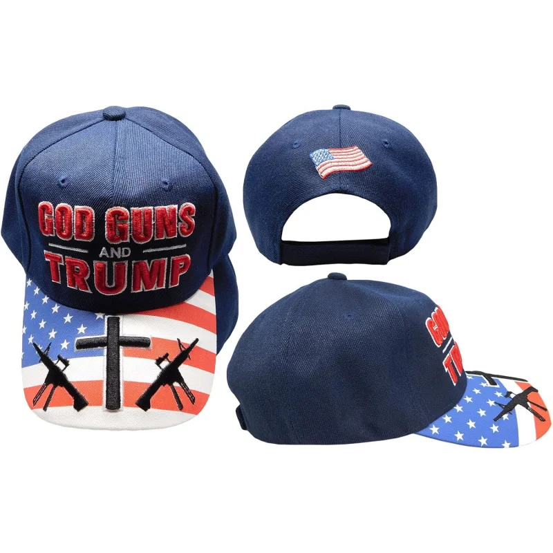 God Guns and Trump USA Flag Bill Rifles Cross Navy Blue Polyester Adjustable Embroidered Baseball Ball Cap