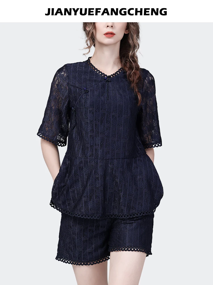 Vintage Dark Blue Women Short Sleeve Lace Top Loose Plus Size Casual Spring Summer Blouses Chic Hollow Out Floral Shirts