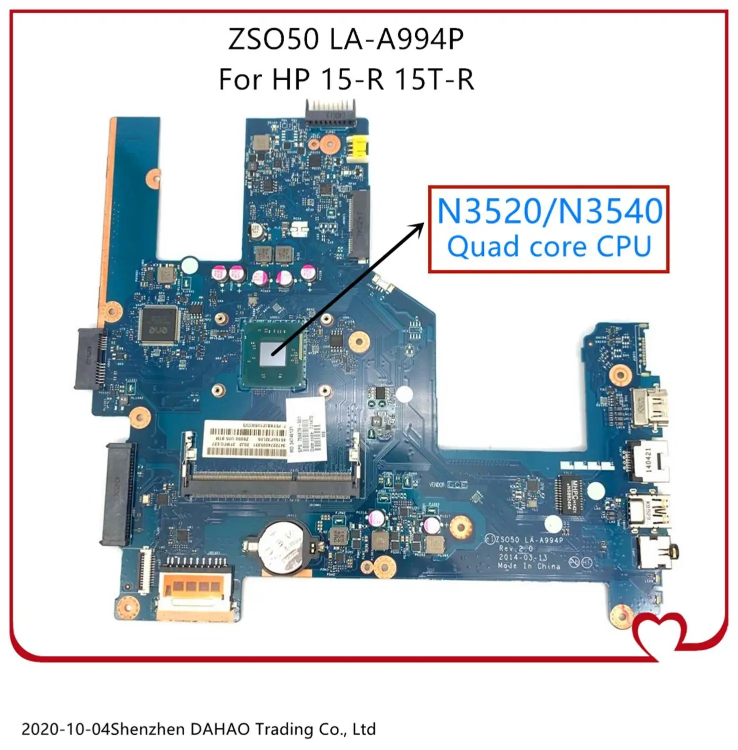 

760787-001 788287-501 For HP 15-R 15-R011DX Motherboard ZS050 LA-A994P With N3520/3540 Quad core CPU 100% Fully Tested