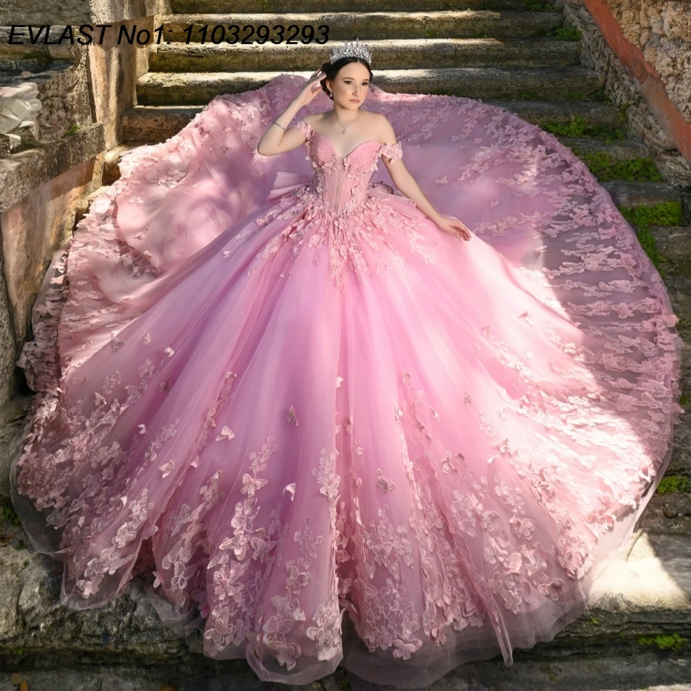 

EVLAST розовое платье принцессы Quinceanera по индивидуальному заказу, бальное платье с аппликацией в виде бабочки и бантом из бисера, милое платье 16, Vestidos De 15 Anos E1QN874