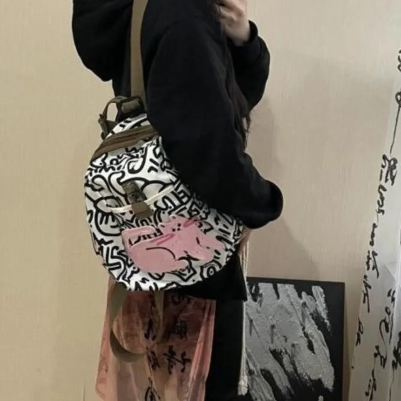 لطيف هريرة قفل مشبك على ظهره المرأة خط طباعة سعة كبيرة حقيبة الظهر النايلون السيدات موضة عادية ركاب Mochilas Mujer