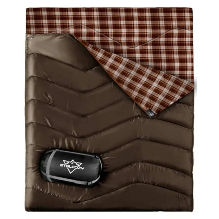 

Camping sleeping bag for 2 adults, XL queen size, lightweight compact design with flannel liner and Thermolock draft tube, mach