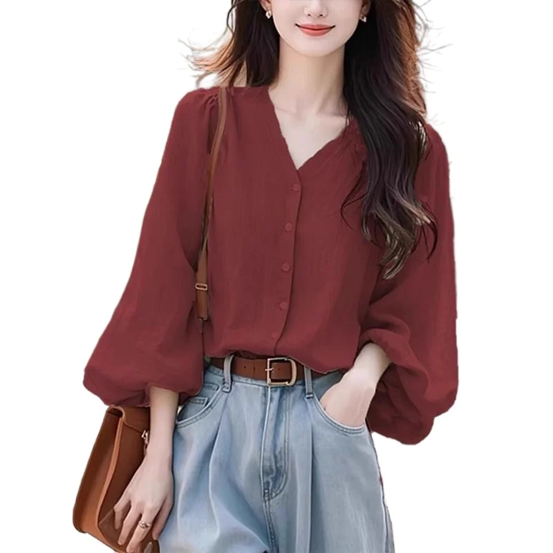 

Puff Sleeve V-Neck Tunic: Women’s Cotton-Linen Blend Breathable Top for Fall Casual & Work - Minimalist Elegance