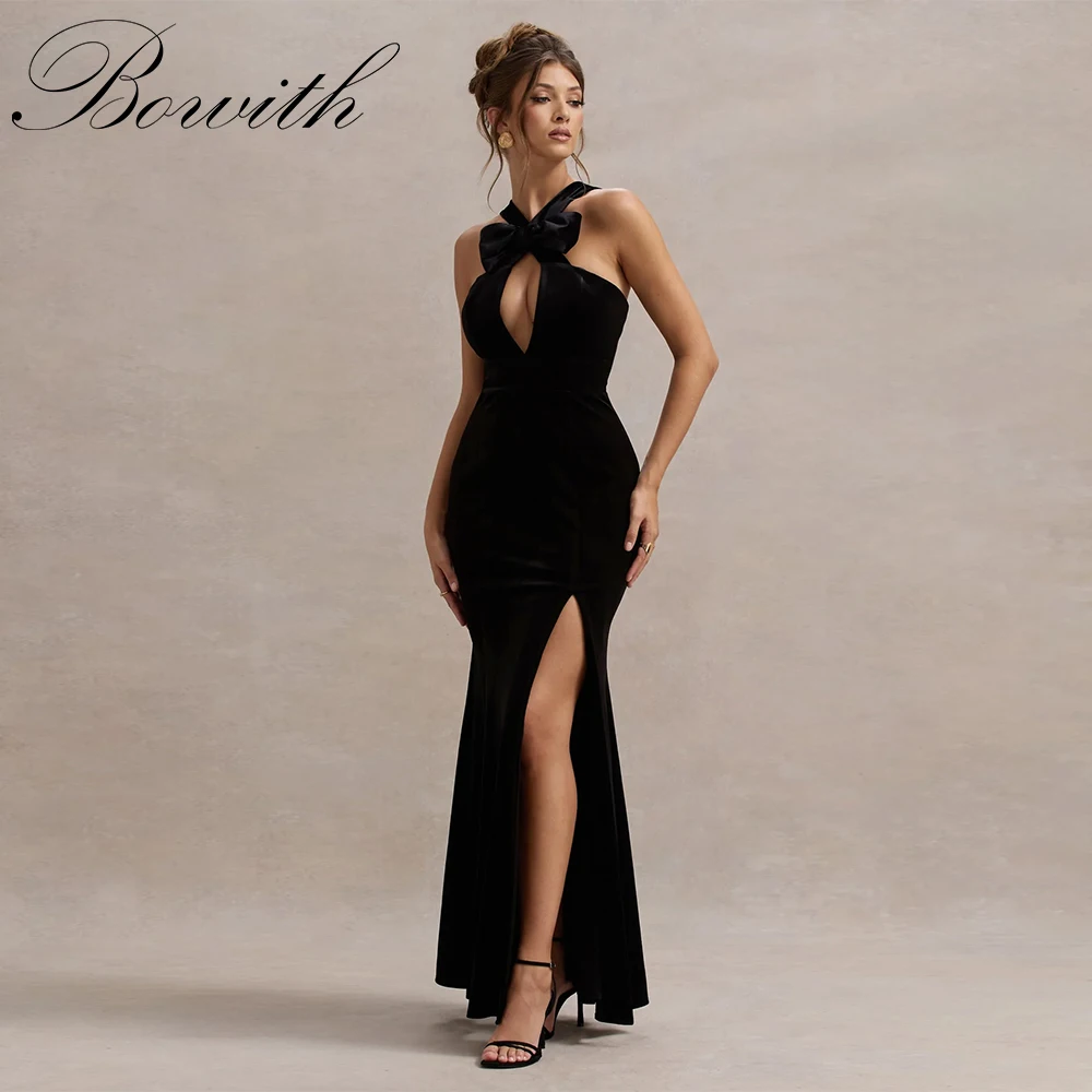 

Bowith Black Sexy vestidos de fiesta Halter Bow Hollow Out Party Dresses Customized Prom Dresses Mermaid Evening Dresses