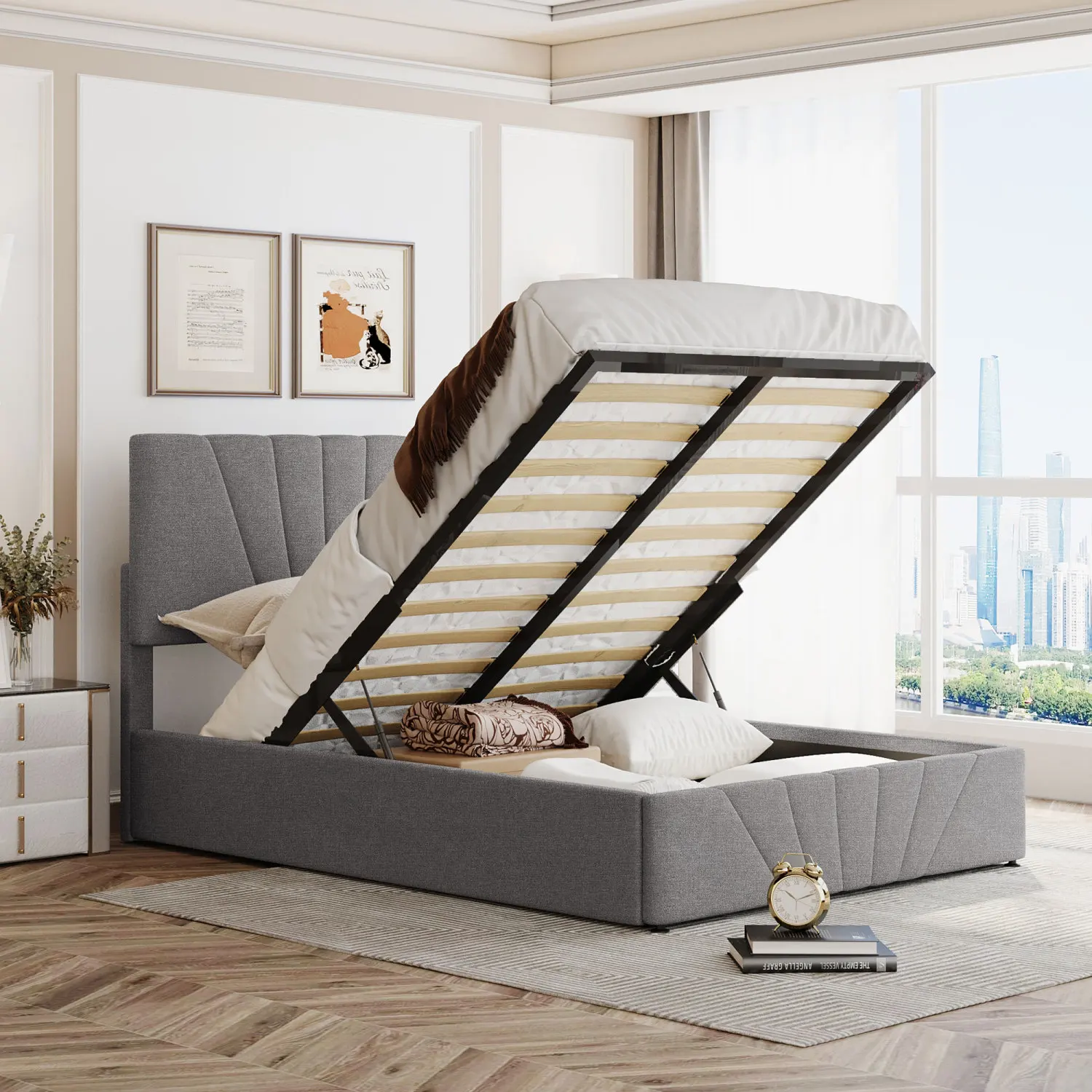 Full size Upholstered Platform bed with a Hydraulic Storage System - Gray