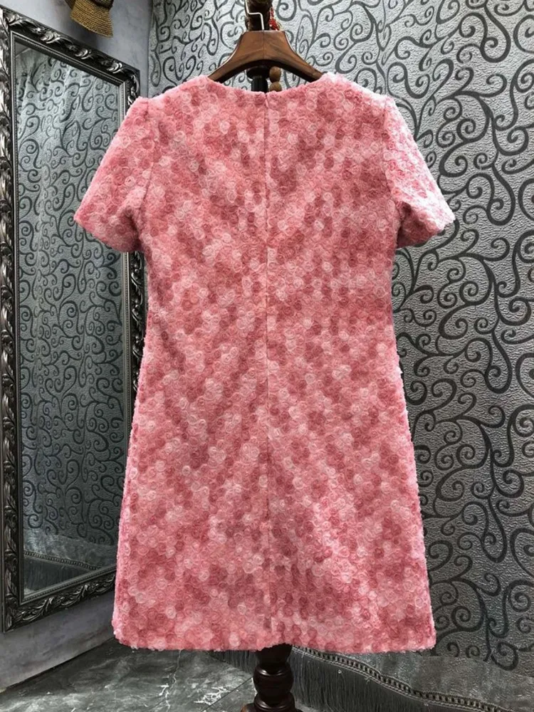 Elegant Office Ladies New Spring Summer Flower Dress Fashion Designer Short Sleeve O-Neck Zipper Short Dresses Women Pink Dress