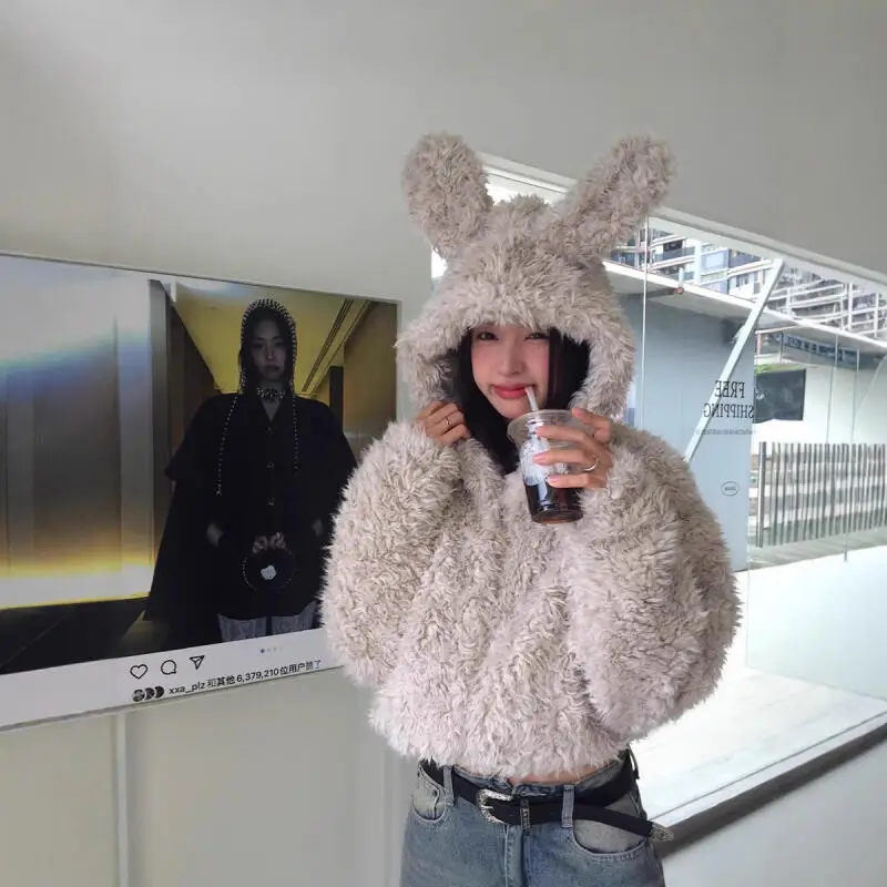 

Women's Hooded Lamb's Wool Cotton-Padded Jacket Girl's Korean Style Thicken Cute Rabbit Ears Faux Leather Autumn Winter Coat Top