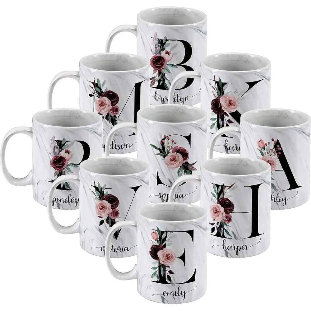 

Personalized Marble Coffee Mug w/Initial & Name - 11 oz, Grey - Custom Letter Coffee Mugs or Women - Bridal Shower Gifts, Cowork