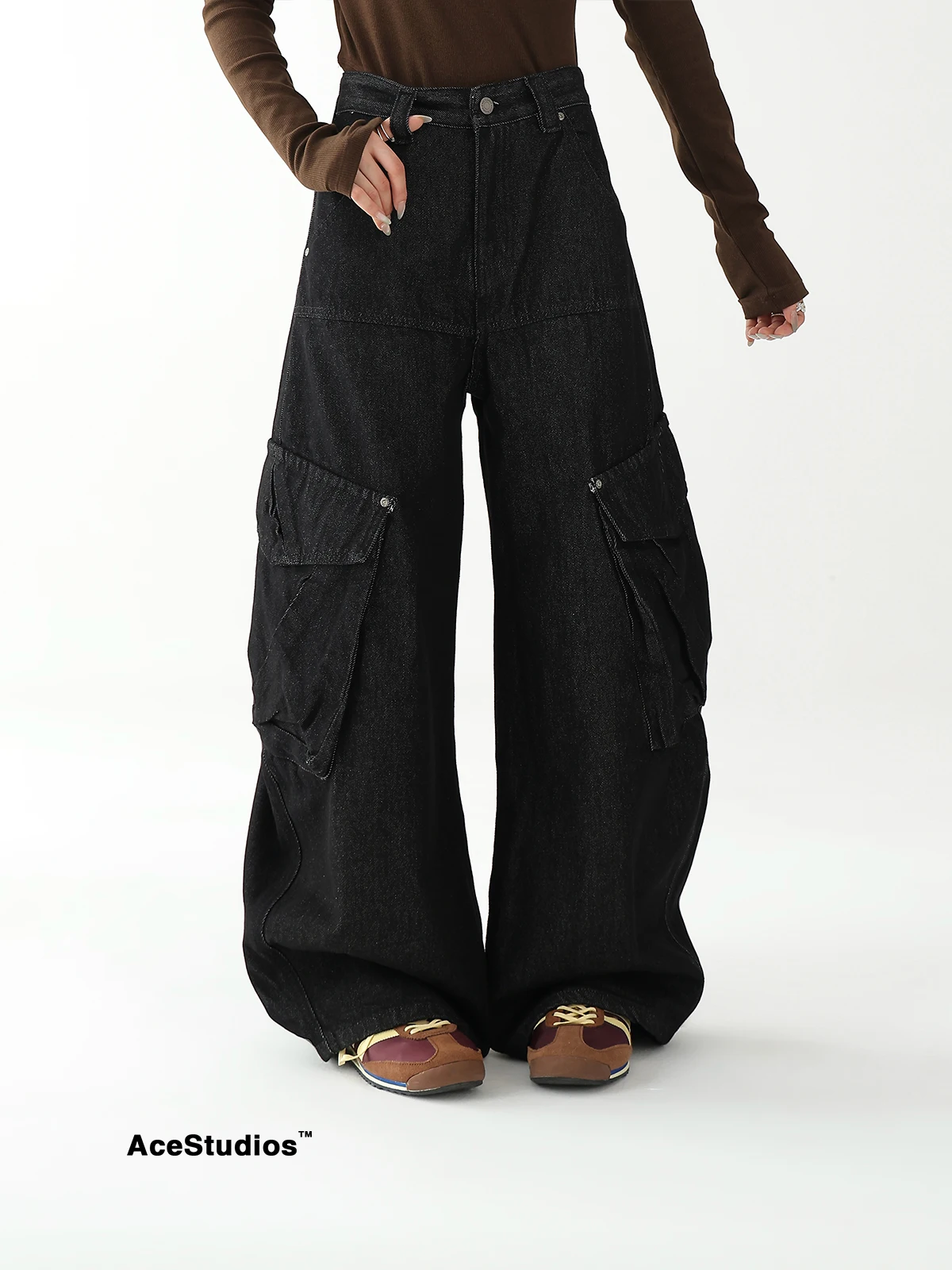 

Джинсы в стиле ретро American Workwear от AceStudios, женские широкие брюки с дизайнерским акцентом, осенние, из смесового хлопка, свободного кроя
