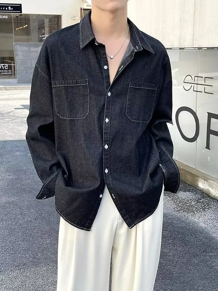 Men's Original Design Loose Jeans Shirt Autumn Casual Style Long Sleeve Casual Fit Classic Collar Button down Everyday Shirt