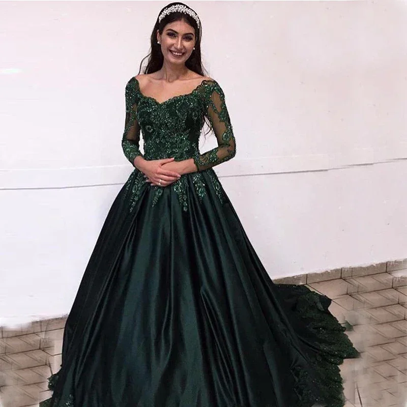 Customized Dark Green Prom Dresses Long Sleeves V-neck Appliques Beaded Satin Evening Dresses New Vestidos  Formal Party Gowns