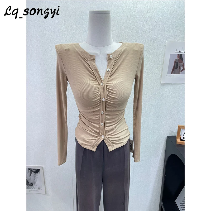 

Lq_songyi Slim Fit Thin T Shirts Women High Strech Single Breasted T Shirt Basic 2024 Spring Elegant Sexy Long Sleeve Solid Tops