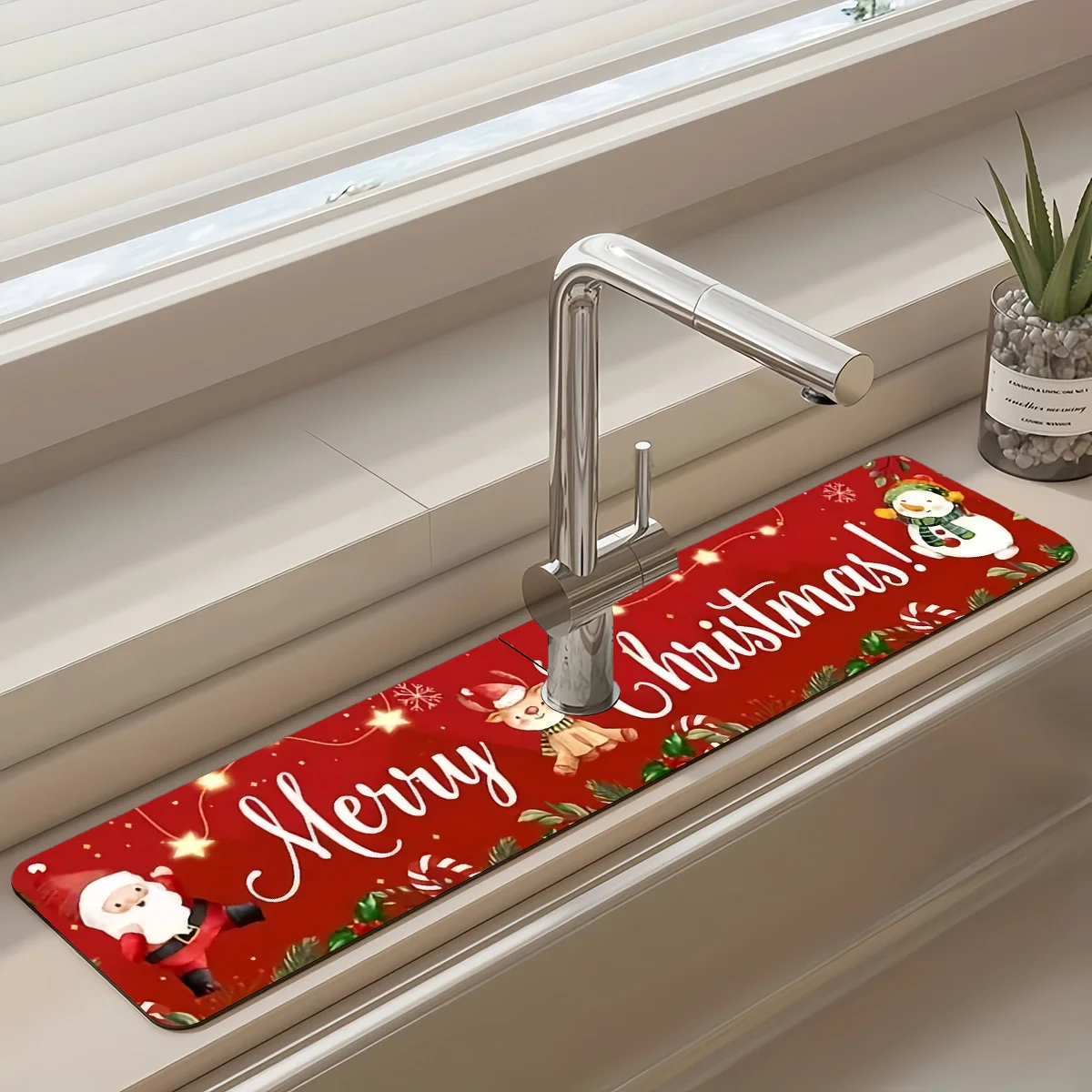 VIKAMA Kitchen Faucet Mat Quick-Dry Absorbent Desktop Pad Water Tank Splash Guard Christmas Pattern Home Decoration