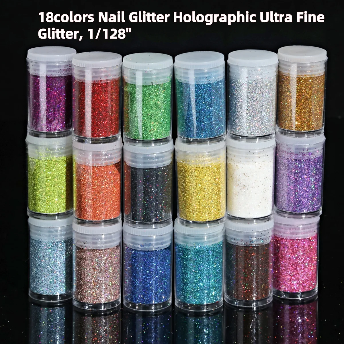 18 colores brillo de uñas polvo de brillo holográfico 1/128 "en polvo de brillo de resina copos de lentejuelas, polvo de uñas holográfico iridiscente