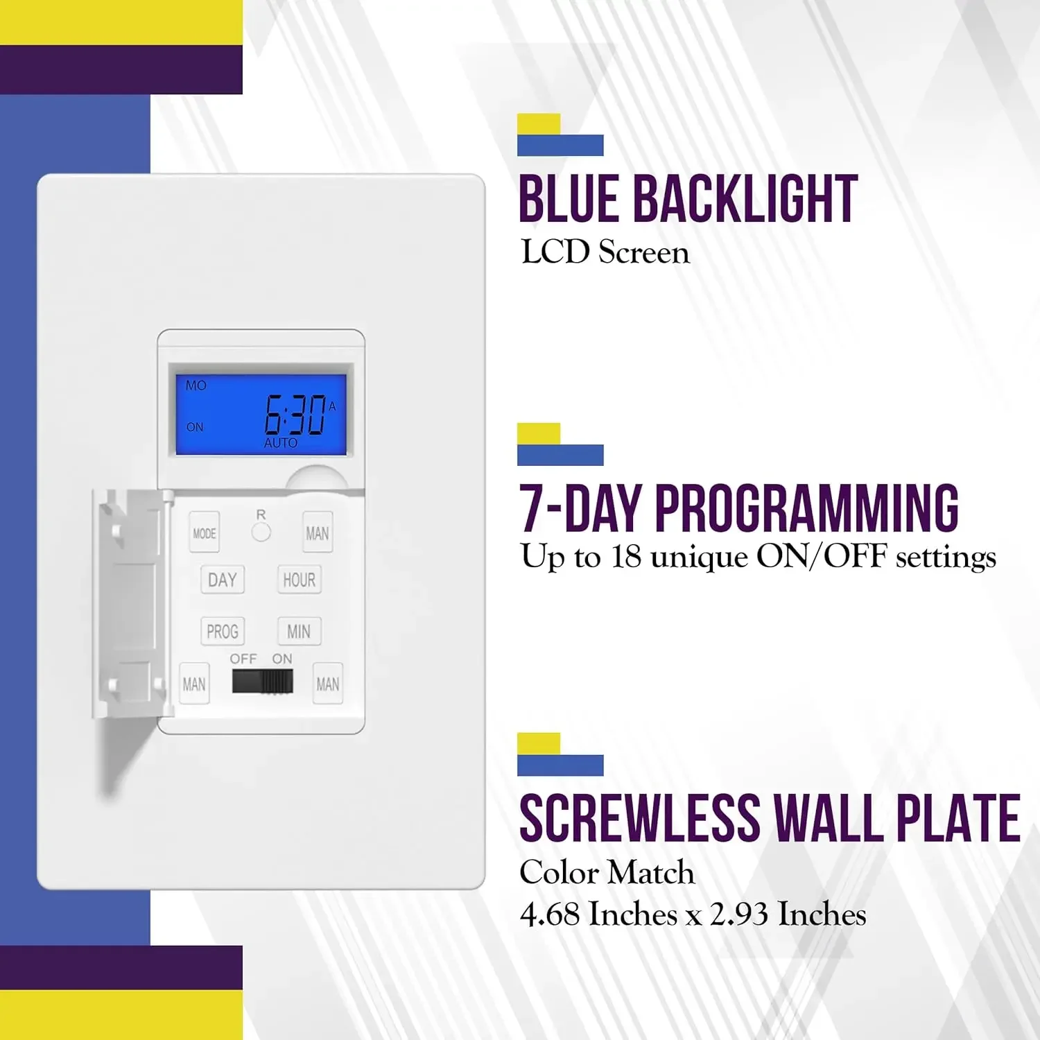 HET01 7 Days Digital in-Wall Programmable Timer Switch with Blue Backlight, White, 5-Pack