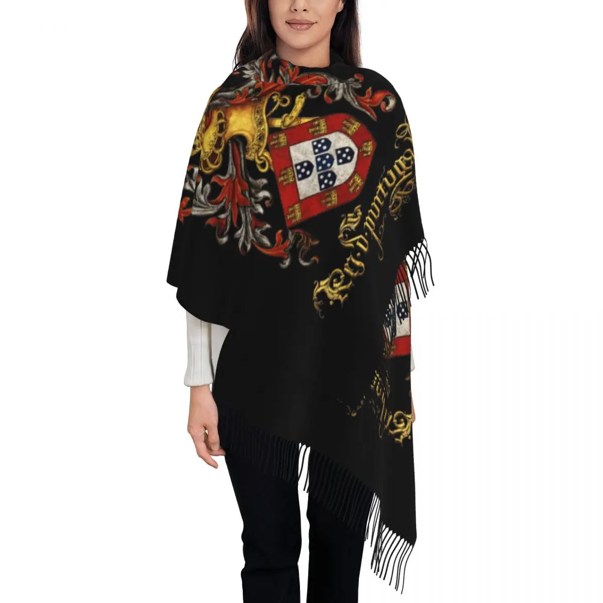 Womens Tassel Scarf Arms Of King Of Portugal Flag Long Winter Fall Shawl and Wrap Gifts Pashmina Scarves