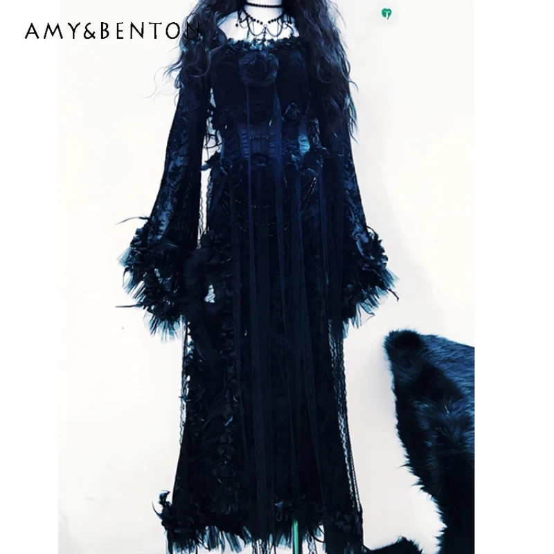 

Original Gothic Dark Style Women's Clothing Punk Black 2025 New Sexy Lace Hollow Out Flared Long Sleeve Halloween Dresses Ladies