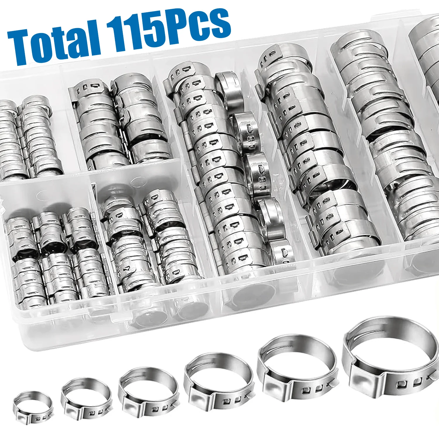 

115PCS Single Ear Hose Clamps 5.8-28.6mm 304 Stainless Steel Crimp Hose Clamp Assortment Kit Securing Pipe Hoses and Automotive