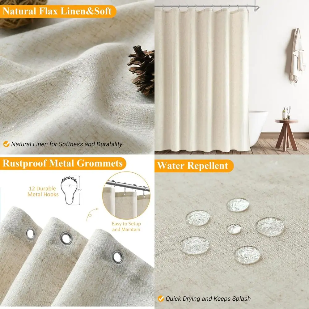 

Light Beige 92 Natural Linen Shower Curtain Set with Top Window for Tall Bathroom