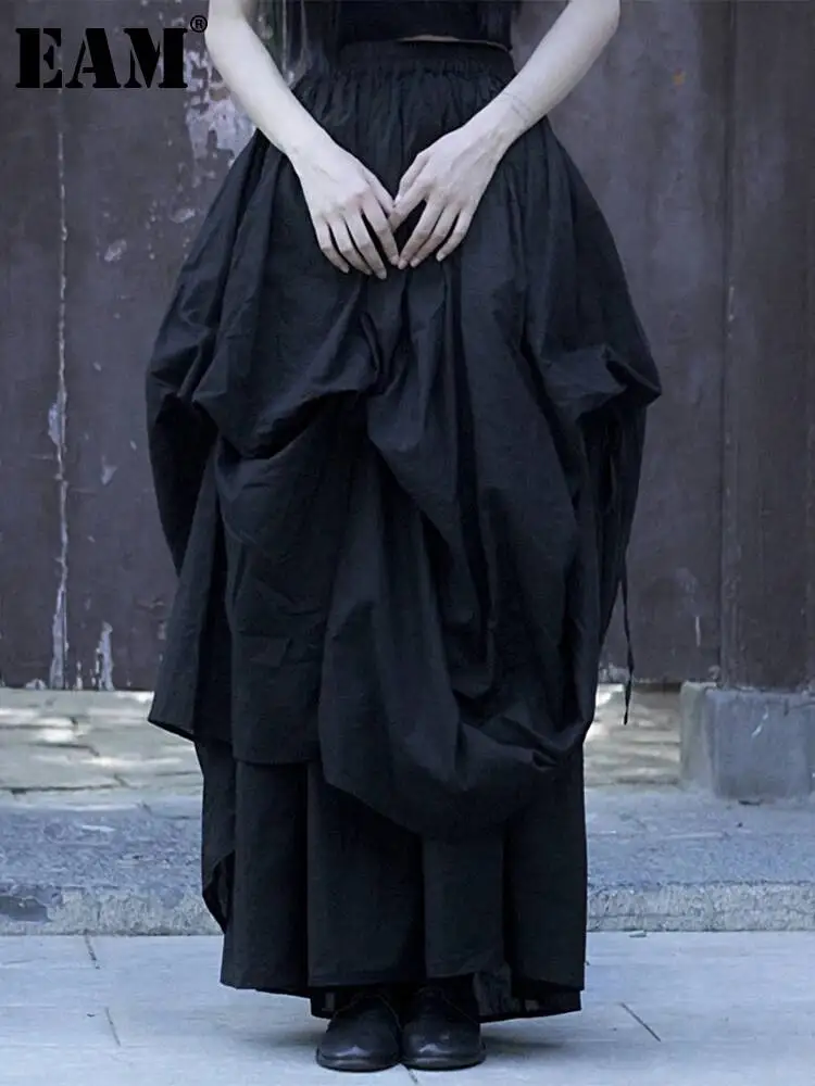 EAM negro cintura alta elástica cordón Irregular hasta el tobillo falda suelta mujer moda tendencia nueva primavera otoño 2026 31A1017