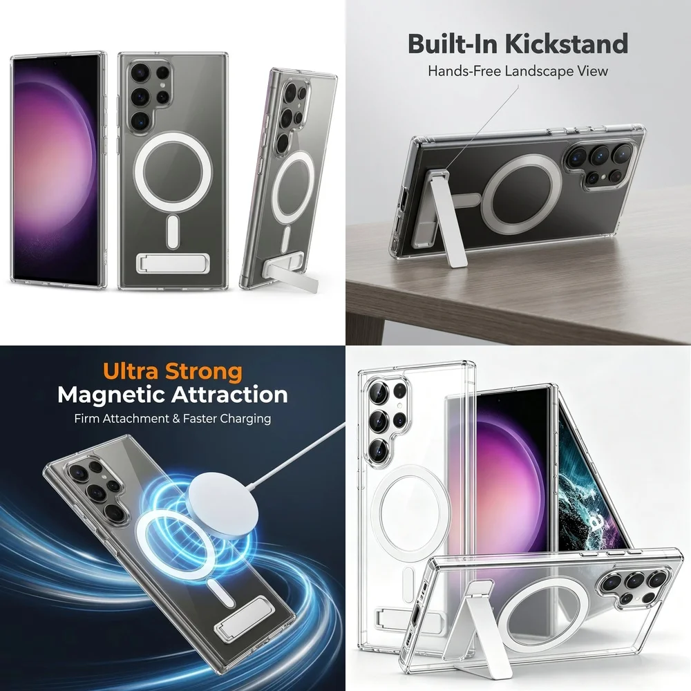 Magnetische Standhülle für Samsung Galaxy S21 S22 S23 FE S24 Ultra Plus S25 S26 Präzise Aussparungen Kabelloses Laden Schlanke Rückabdeckung