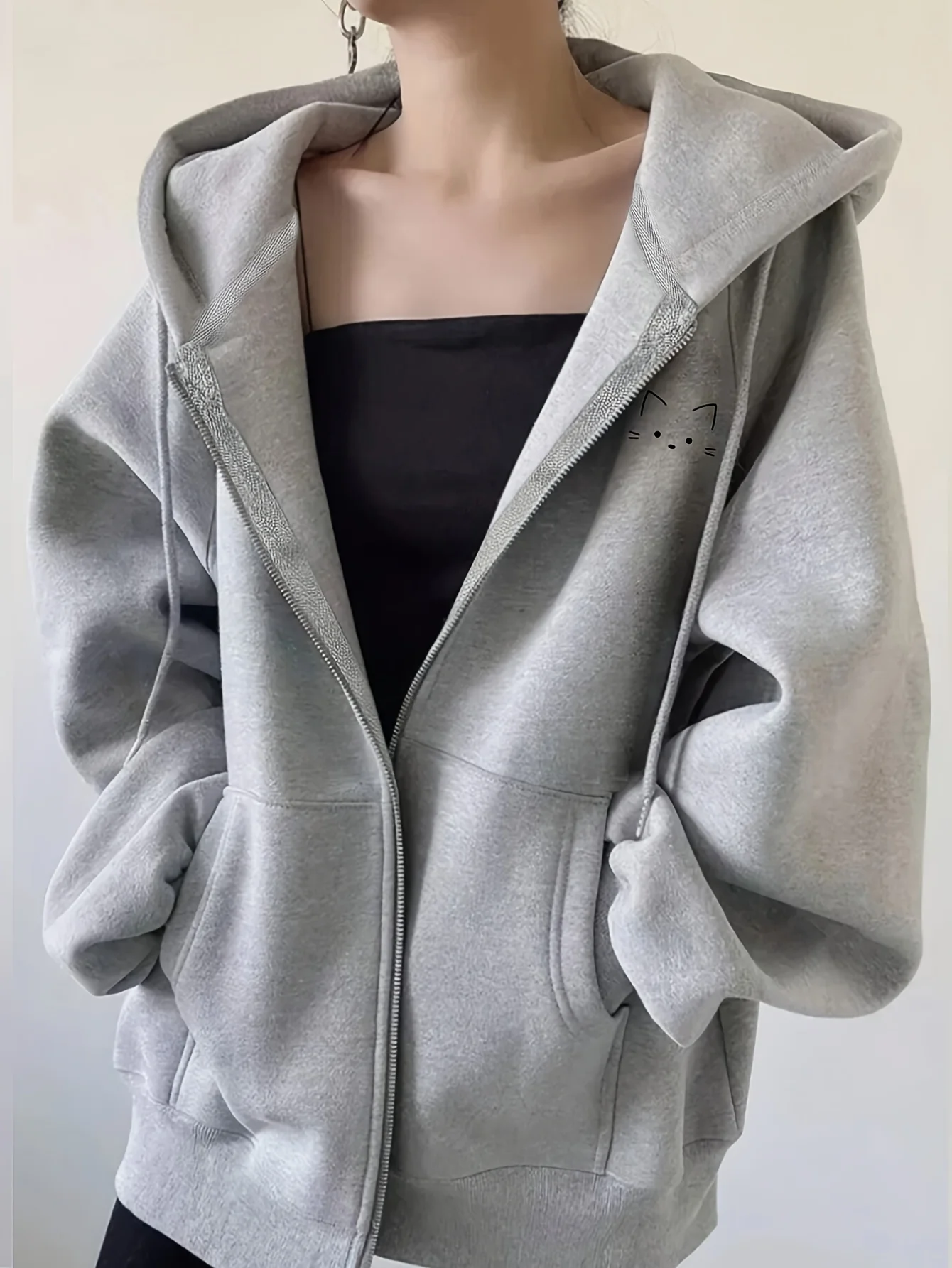 Niedliche Kawaii Katzen-Damen-Kapuzenjacke mit Reißverschluss, Baumwoll-Fleece-Hoodie, Sweatshirt-Pullover für Herbst und Winter, Übergroße Loose-Fit Oberteile und Mäntel – Detail 5