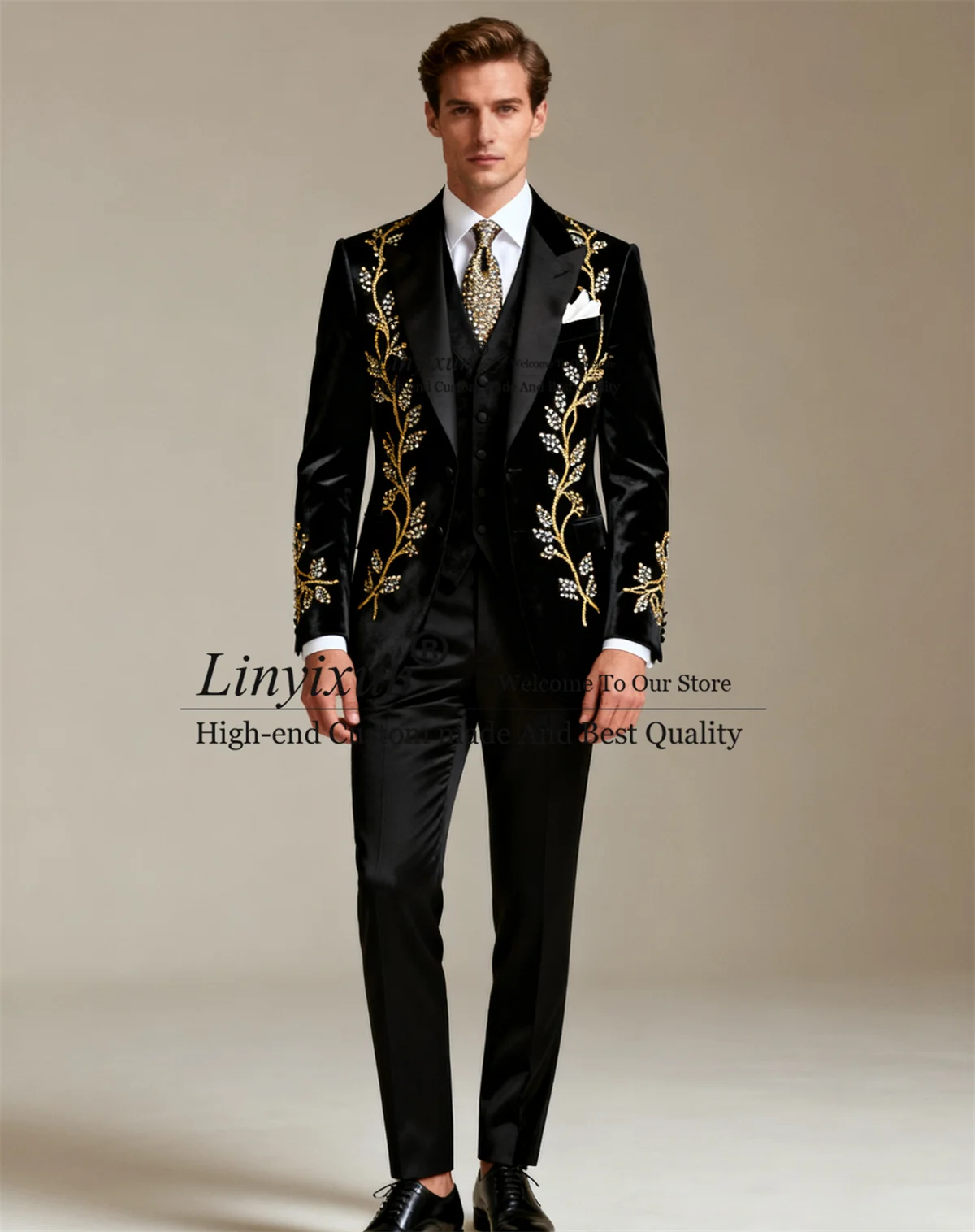 

Handsome Slim Fit Men Suits Sparkly Rhinestone Crystal Groom Tuxedos 3 Pieces Sets Male Party Prom Blazer Customized Ropa Hombr