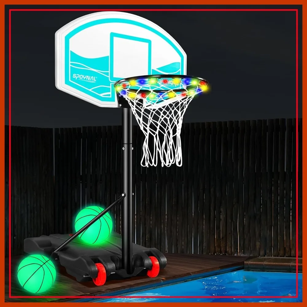 

Adjustable Pool Basketball Hoop with LED Light, 2 Balls & Pump, Portable Water Basketball Goal System