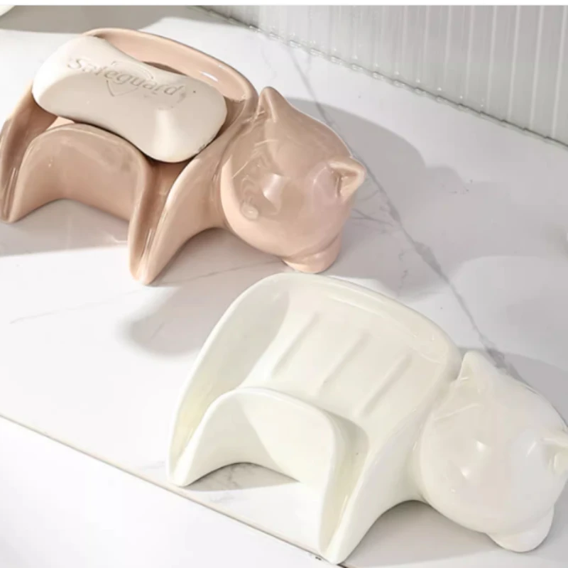 Charming Electroplated Ceramic Cat Soap Holder, Multi-Drain Design, Adorable Bathroom Accessory, Easy-Clean Dish