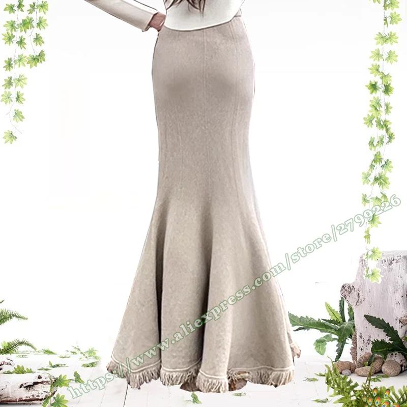 2023 Autumn Winter Korean Fashion Knitted Tassel Fish Tail Maxi Skirt for Womens Mopping the floor Fishtail Long skirt