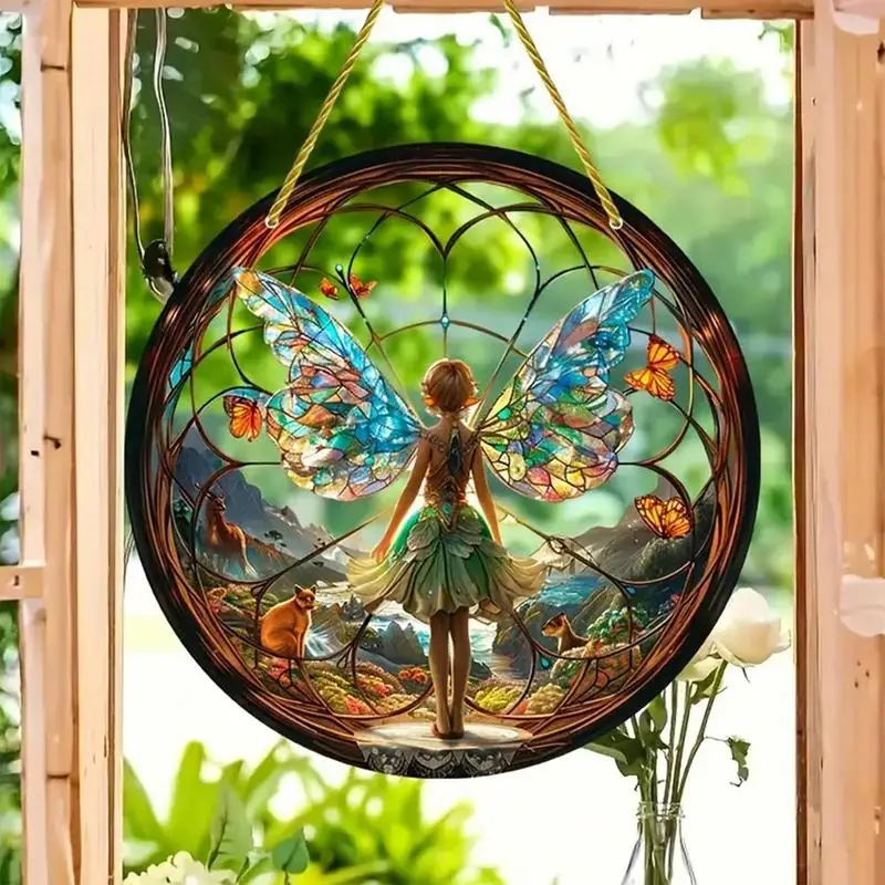 Sunlight Catcher Window Fairy Stained Round Vintage Stained Fairy Pendant Acrylic Sun Catcher Colorful Butterfly Window Pendant