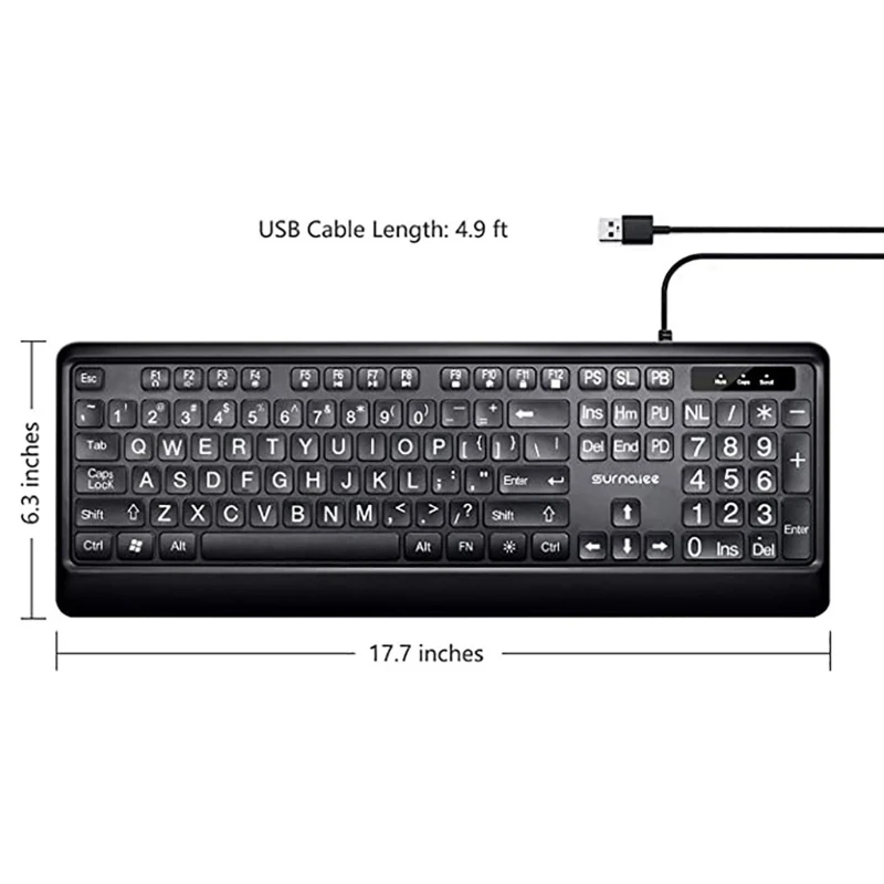 LED Backlit Keyboard 104 Keys Standard Full Size USB Wired Backlit Keyboard Big Print Letter with White Illuminated